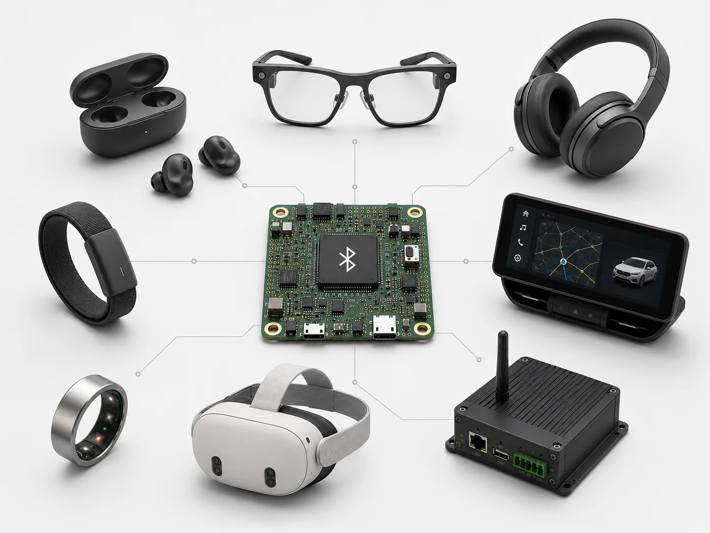 Audiva Labs Connected Device Ecosystem: Earbuds, Smart Glasses, Wearables, PCB layout